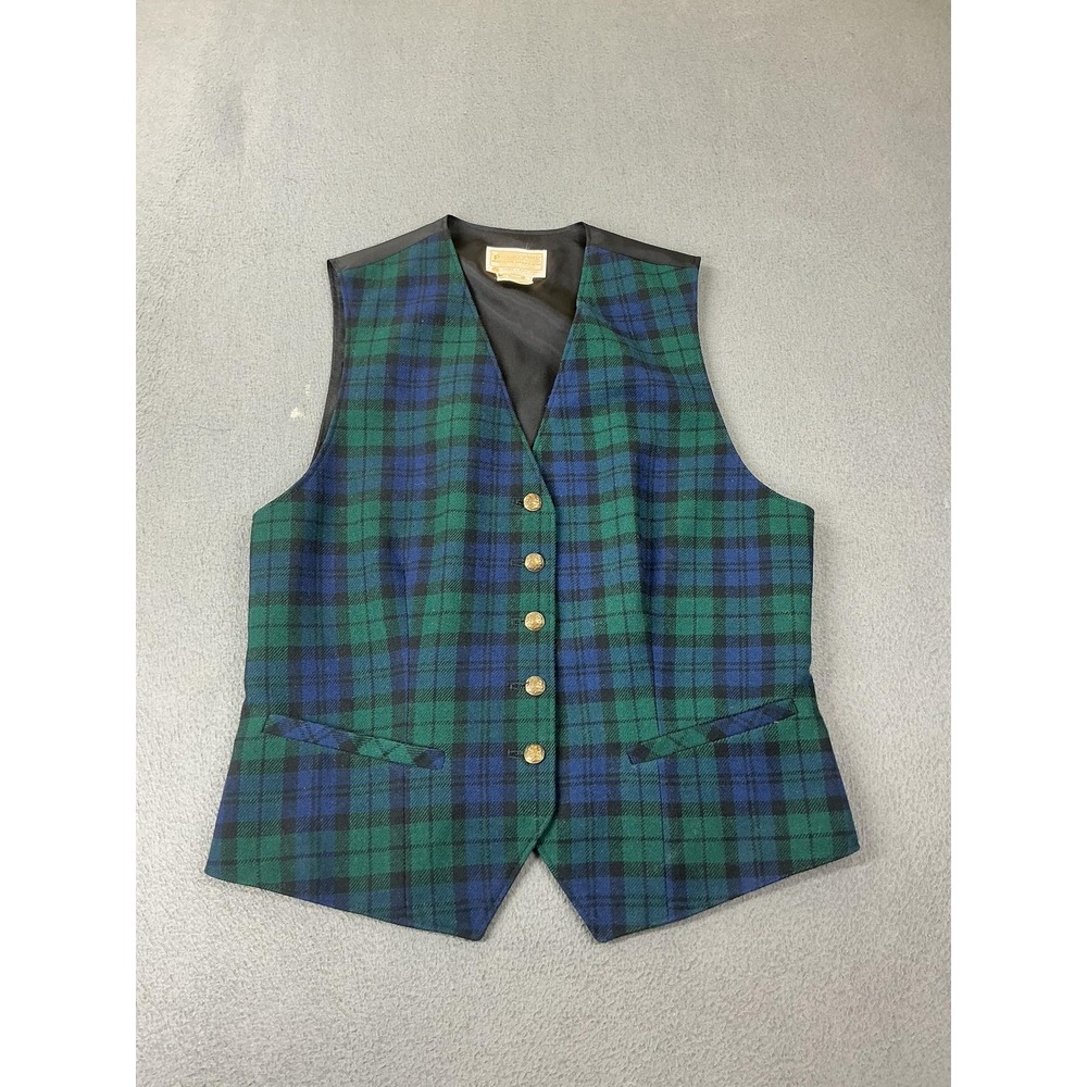 Vintage Pendleton Suit Vest Mens M Green Plaid Wool Tweed Belted Made USA